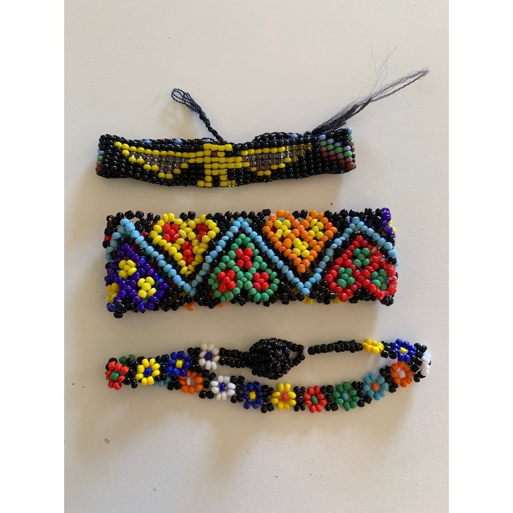 Lot of 3 Vintage Beaded Seed Bead Bracelets Geometric Floral Eagle Multi Color